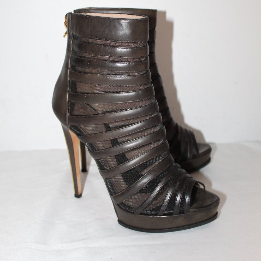 Herve Leger Bellona Booties Heels Peep Toe Black Leather Mesh Pumps 39.5